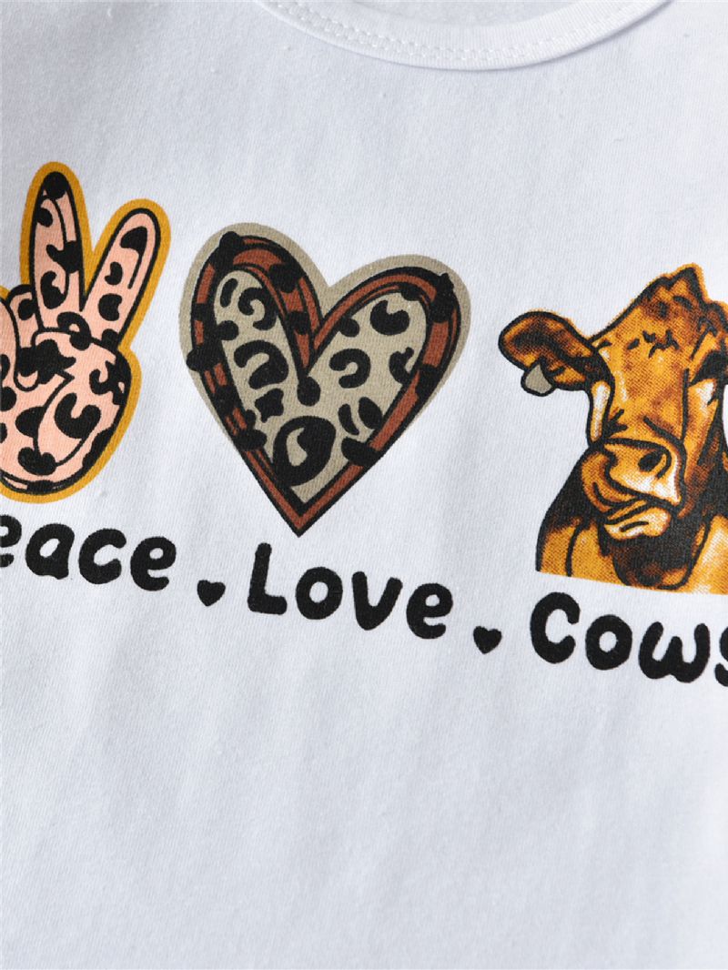 2db Lányok Peace Love Cows Hosszú Ujjú Felsők És Tehénmintás Kiszélesedő Nadrág Szett