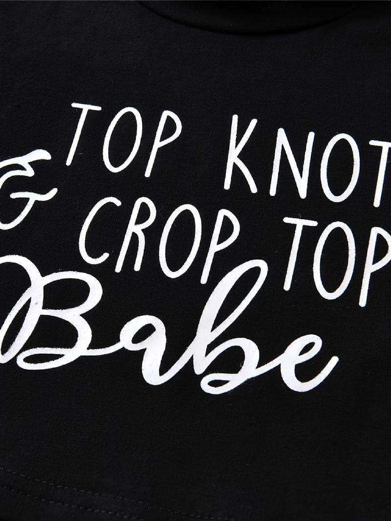3db Lányok Top Knot & Crop Top Babe Print Crew Neck Hosszú Ujjú + Kiszélesedő Nadrág + Masnis Fejpánt Szett