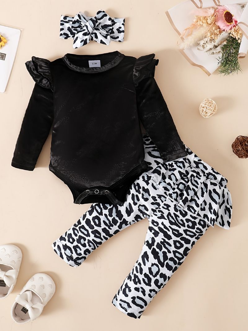 Bébi Lányok Polár Onesie Romper Leopard Mintás Nadrág Szett Őszre Télre