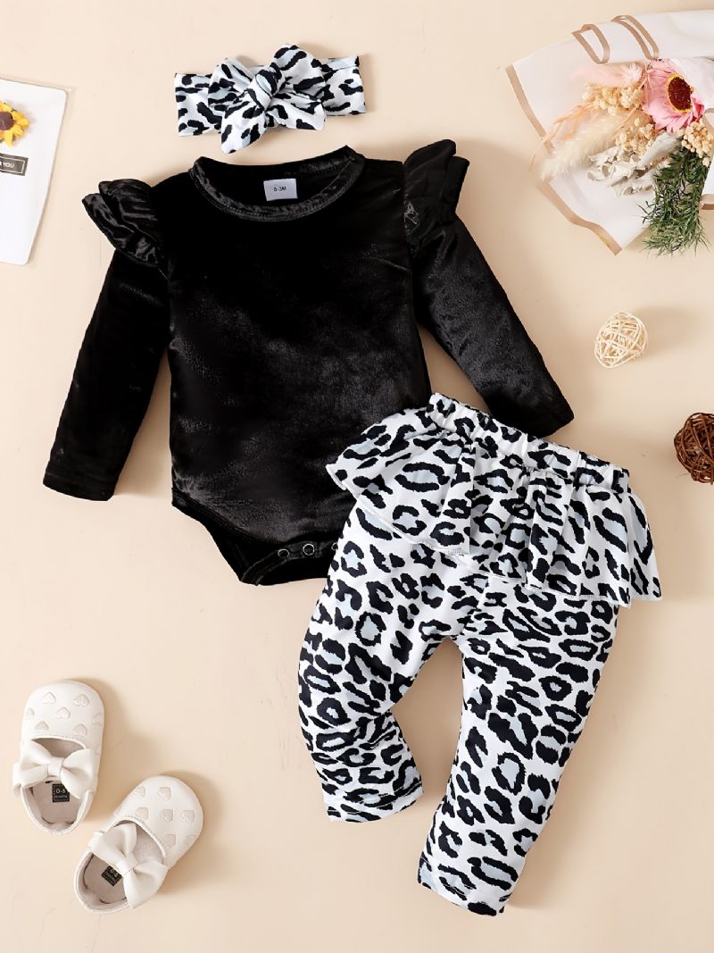 Bébi Lányok Polár Onesie Romper Leopard Mintás Nadrág Szett Őszre Télre