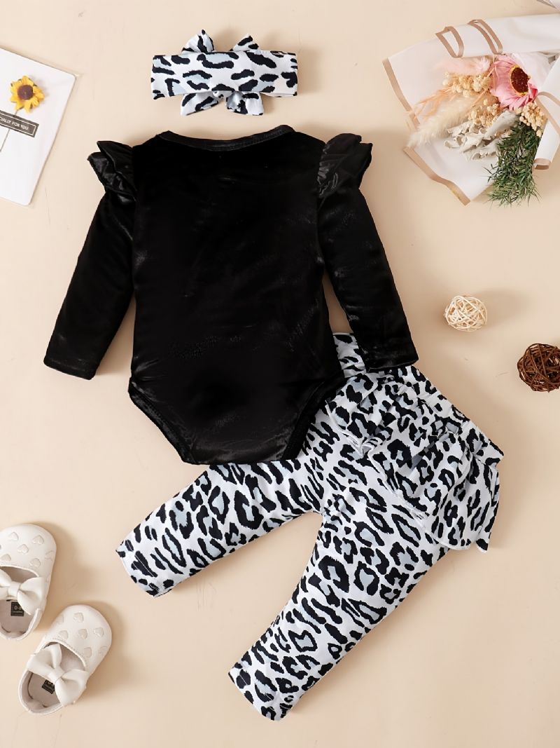 Bébi Lányok Polár Onesie Romper Leopard Mintás Nadrág Szett Őszre Télre