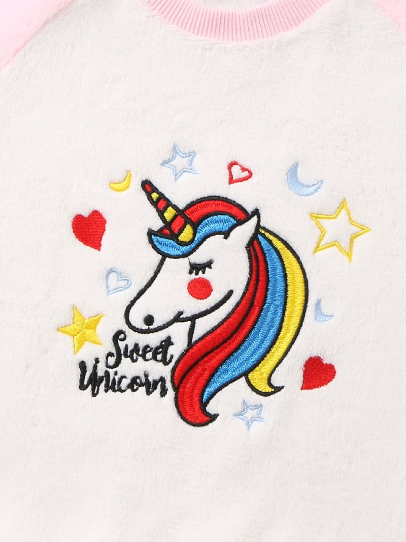 Gyerek Flanel Pizsama Unicorn Hímzett Kerek Nyakú Hosszú Ujjú Felső És Nadrág Szett Lányoknak