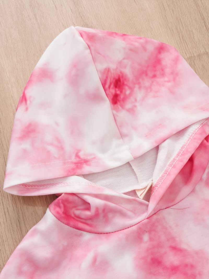 Lányok Alkalmi Rózsaszín Nyakkendő Festékmintás Hosszú Ujjú Kapucnis Nadrág Szett Őszi Tél