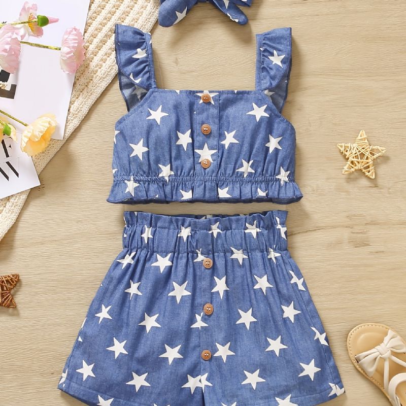 Lányok Ruffles Camisole Star Print & Shorts & Fejpánt Készlet