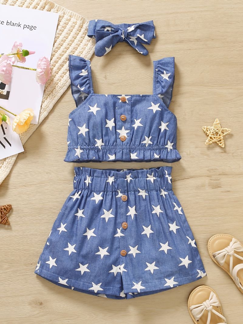 Lányok Ruffles Camisole Star Print & Shorts & Fejpánt Készlet