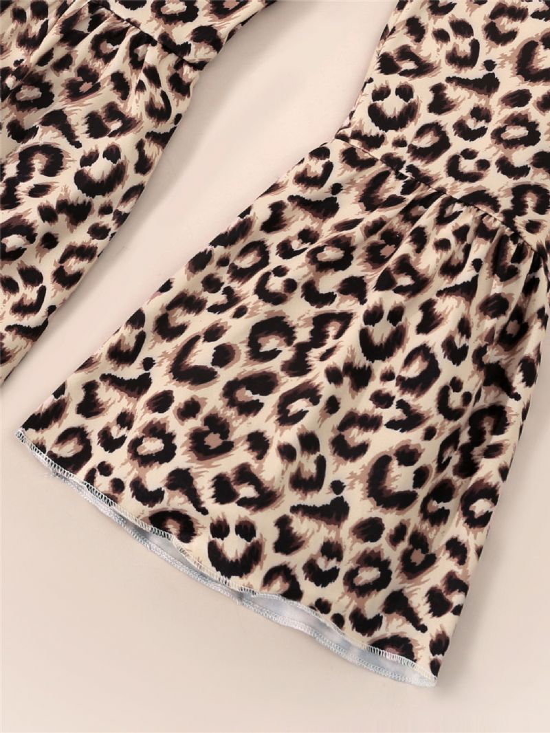 Toddler Lányok Leopard Print Crew Neck Pamut Hosszú Ujjú Kockás Fehér Póló Flare Nadrág Szett