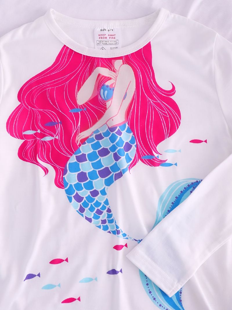 Lány Pizsama Mermaid Print Kerek Nyakú Hosszú Ujjú Felső És Nadrág Szett