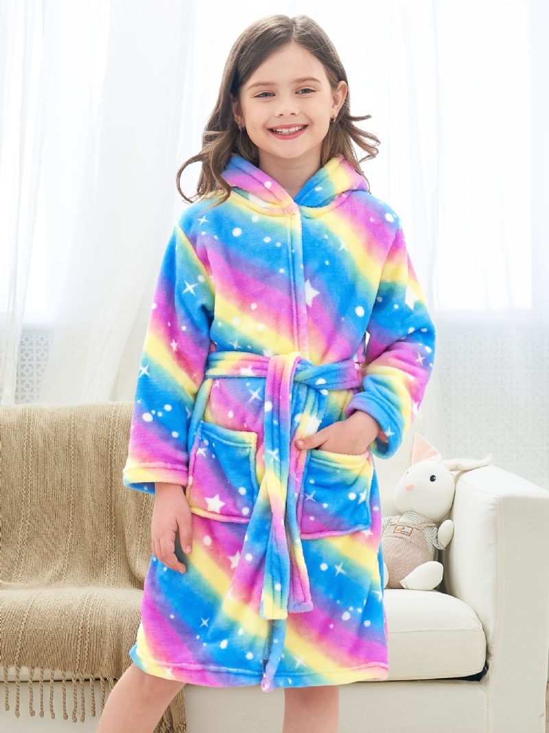 Lányok Aranyos Polár Hőkapcsás Fürdőköpeny Pizsama Szivárvány Csillagmintával Téli Otthonra