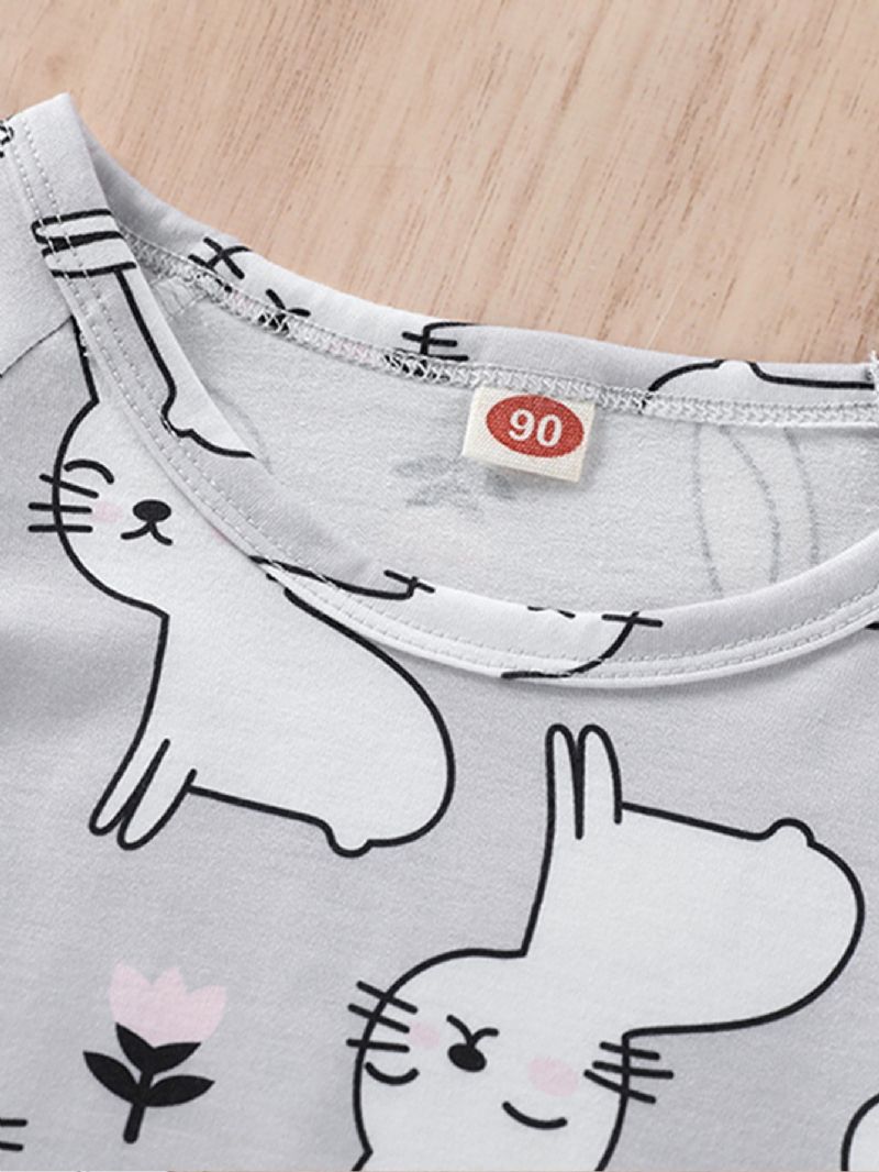 Lányok Rabbit Print Kerek Nyakú Ujjú És Nadrág Pizsama