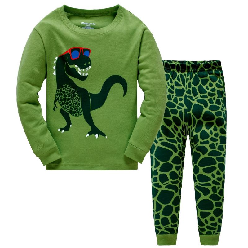 Popshion Fiúk Pajame Szett 2db Alkalmi Dinosaur Crewneck Army Green Loungewear