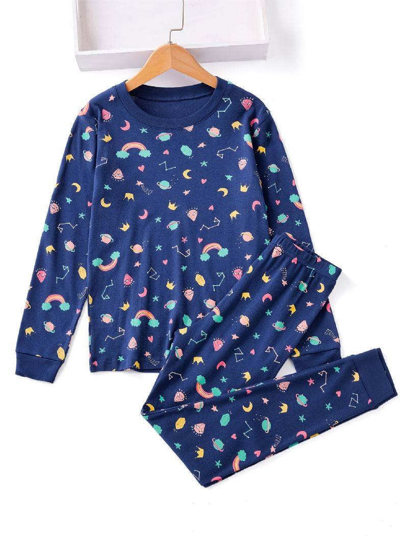 Unisex Kids Homewear Star Print Pizsama Szett Kerek Nyakú Hosszú Ujjú Felső + Nadrág Téli Gyerekruhákhoz