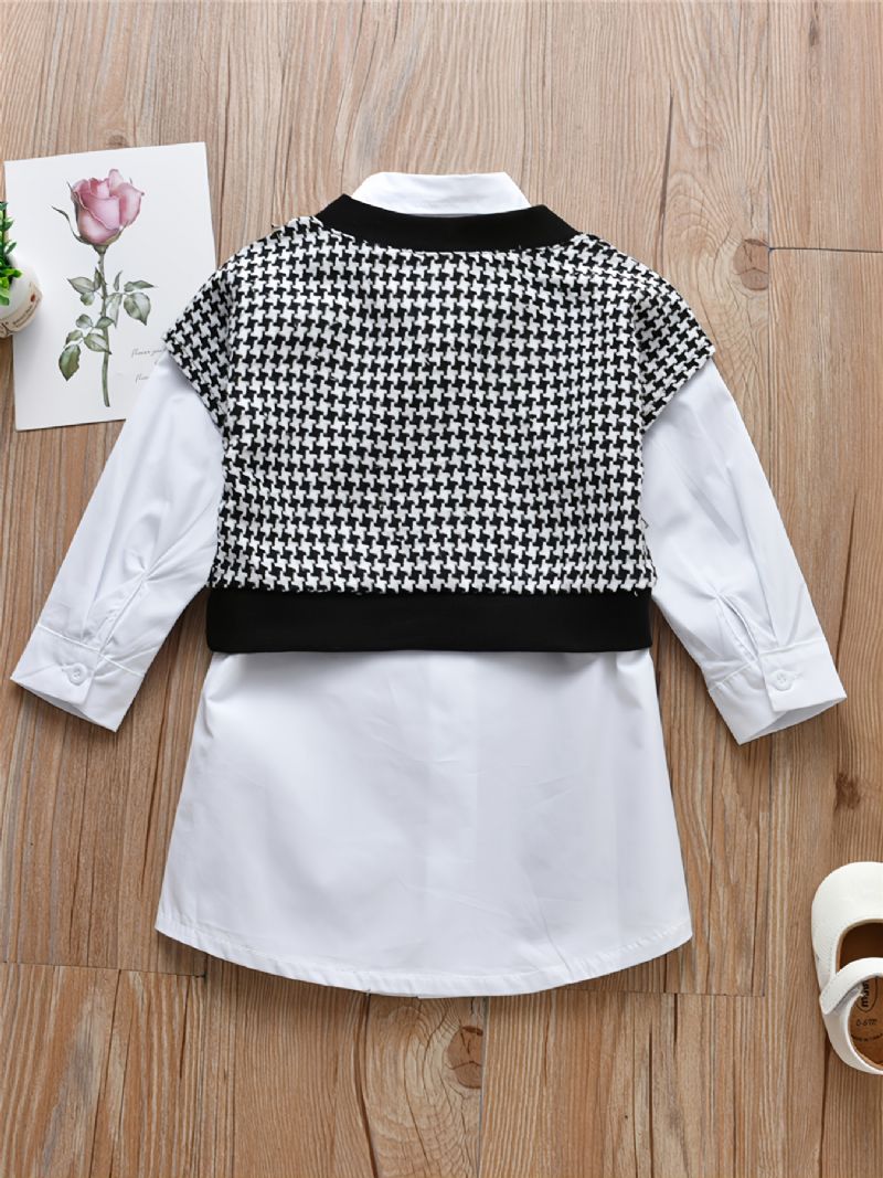 Lányok Houndstooth Vest Fehér Hosszú Ujjú Ingruha