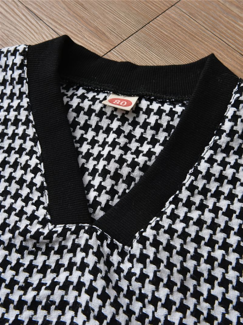 Lányok Houndstooth Vest Fehér Hosszú Ujjú Ingruha