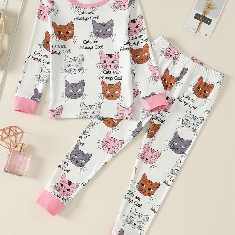 Lányok Lounge Wear Homewear Hosszú Ujjú Felső És Hozzáillő Nadrág Szett Macskamintával