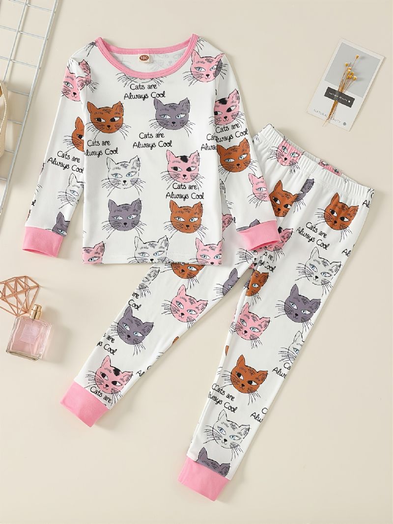 Lányok Lounge Wear Homewear Hosszú Ujjú Felső És Hozzáillő Nadrág Szett Macskamintával