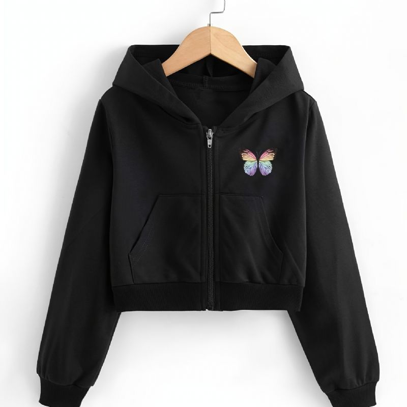 Lányok Crop Top Kapucnis Pulóver Butterfly Print Zip Up Dzseki Gyerekruhák