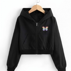 Lányok Crop Top Kapucnis Pulóver Butterfly Print Zip Up Dzseki Gyerekruhák