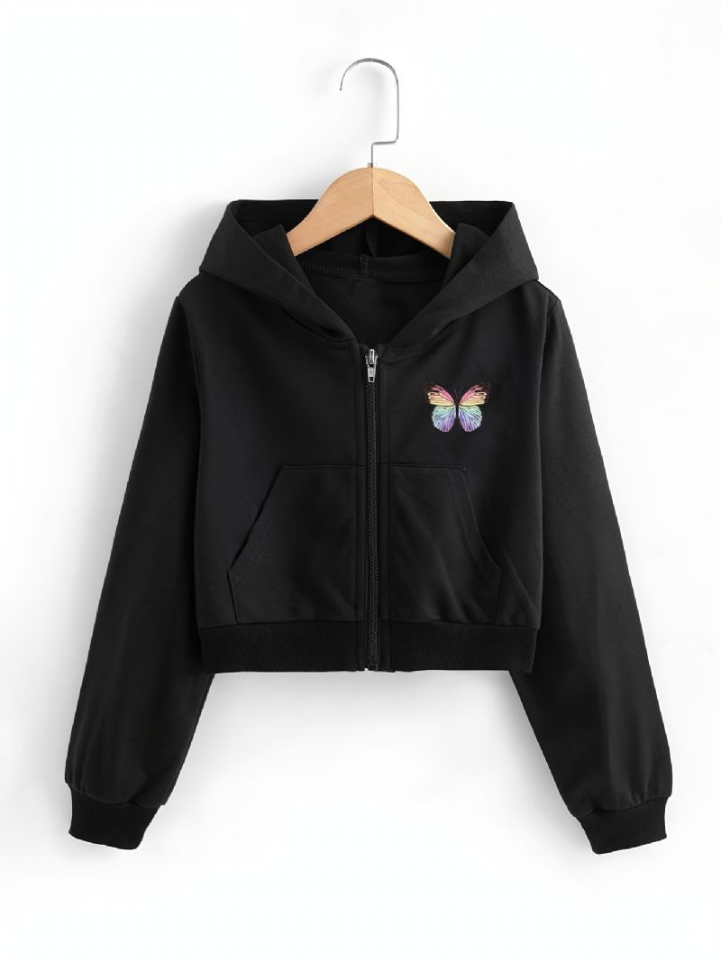 Lányok Crop Top Kapucnis Pulóver Butterfly Print Zip Up Dzseki Gyerekruhák