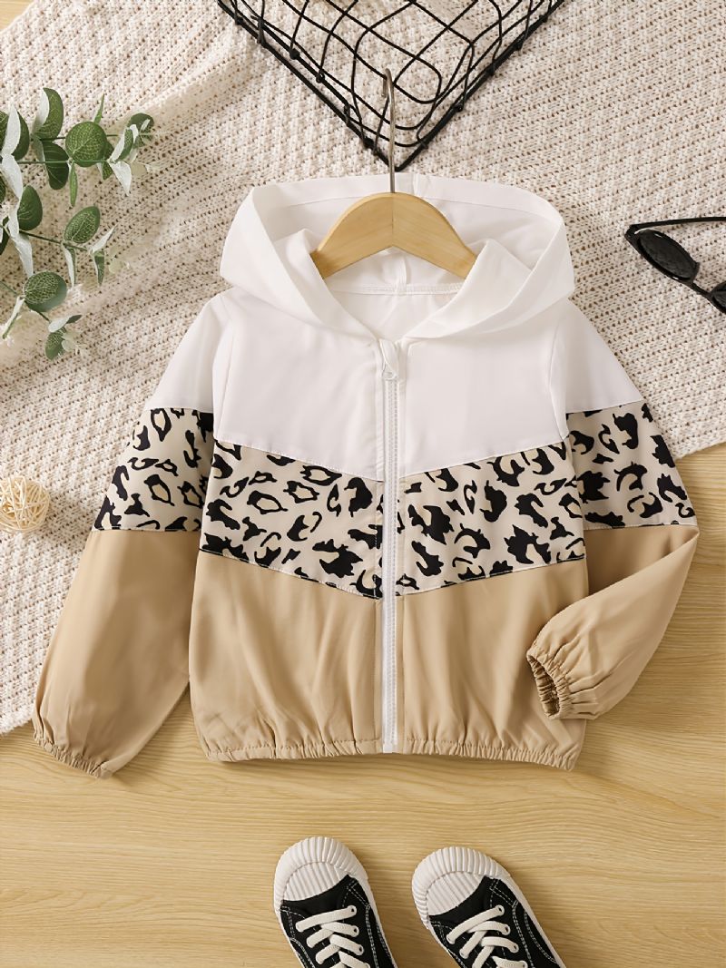 Toddler Lányok Leopard Panel Colorblock Zip Up Kapucnis Dzseki