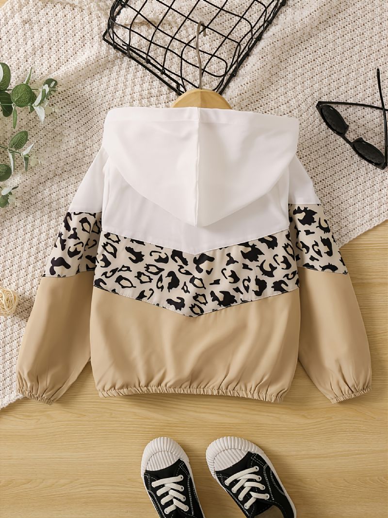 Toddler Lányok Leopard Panel Colorblock Zip Up Kapucnis Dzseki