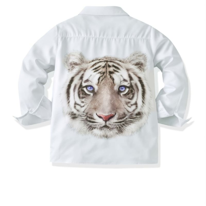 Autumn Winter Fiúk Casual Tiger Digital Print Egyszínű Hosszú Ujjú Ing