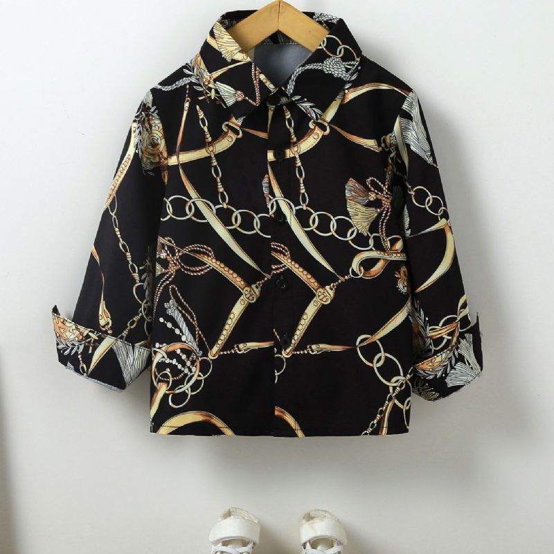 Fiúk Divat Gold Chain Print Button Down Ing Hosszú Ujjú Felső Blúz