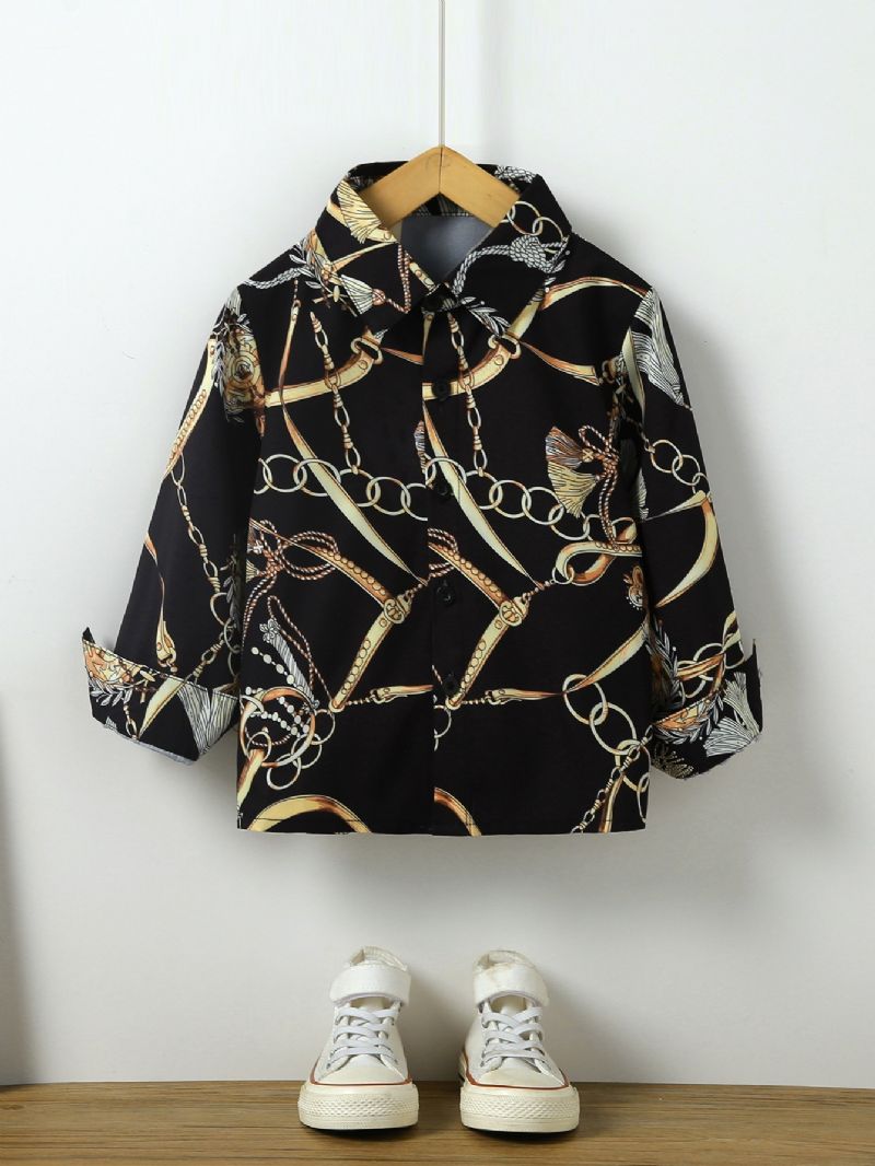 Fiúk Divat Gold Chain Print Button Down Ing Hosszú Ujjú Felső Blúz