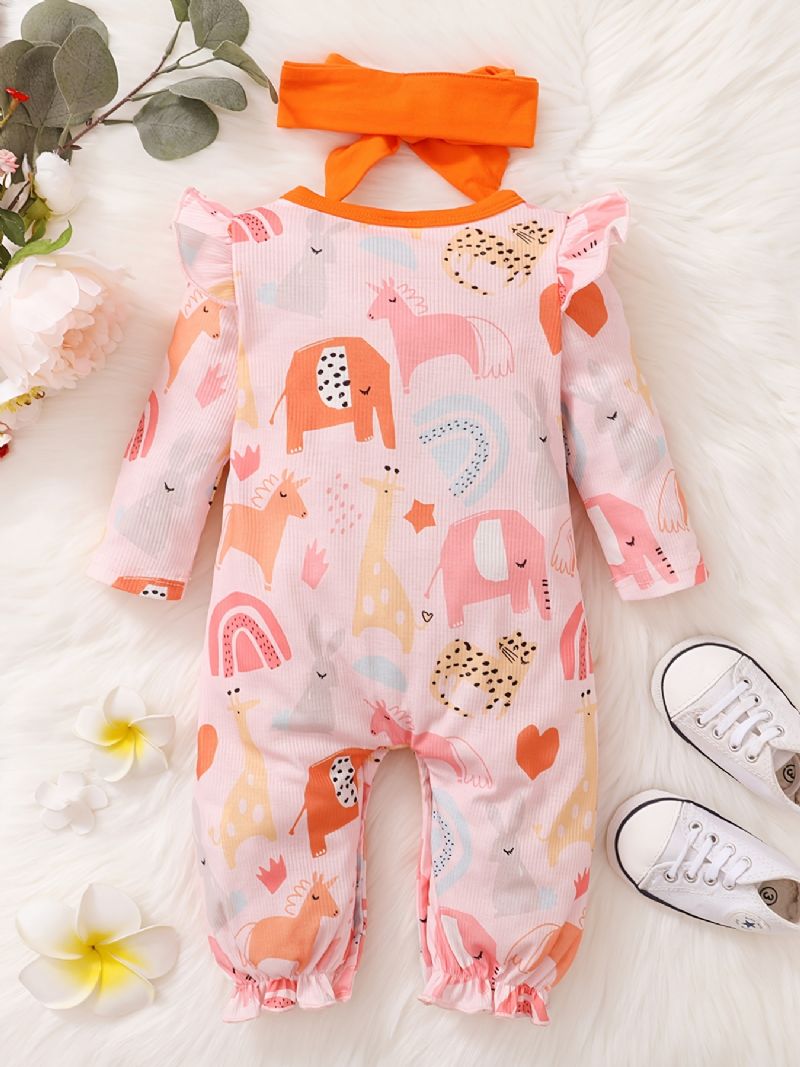 2db Bébi Lányok Animal Print Fodor Szegélyű Hosszú Ujjú Jumpsuit Fejpántos Készlettel