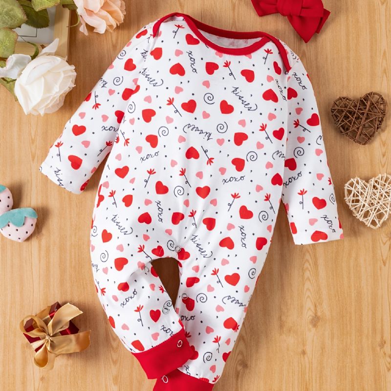 2db Bébi Lányok Heart Print Hosszú Ujjú Jumpsuit Romper És Fejpánt Készletek Ruhák