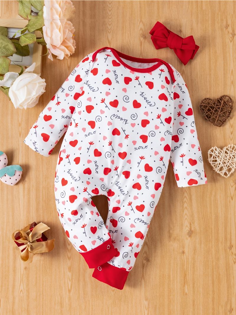 2db Bébi Lányok Heart Print Hosszú Ujjú Jumpsuit Romper És Fejpánt Készletek Ruhák