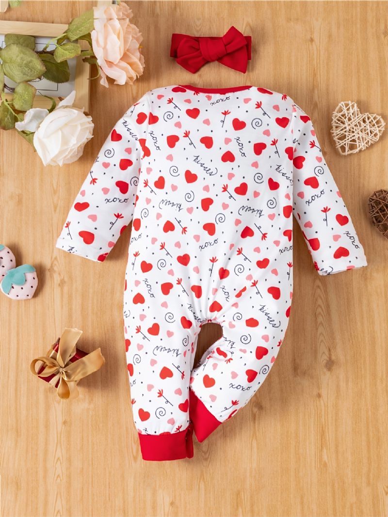 2db Bébi Lányok Heart Print Hosszú Ujjú Jumpsuit Romper És Fejpánt Készletek Ruhák