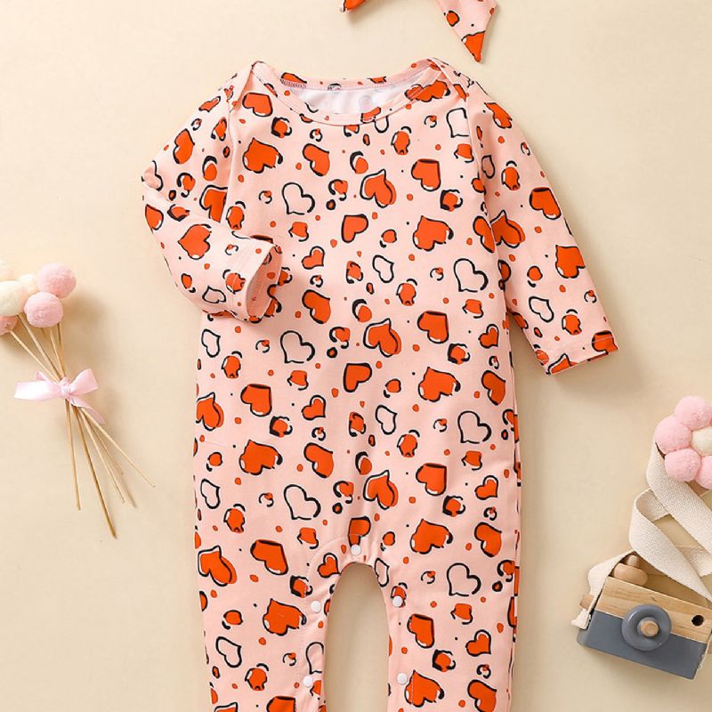 2db Lányok Heart Print Hosszú Ujjú Jumpsuit & Hajpánt Készlet