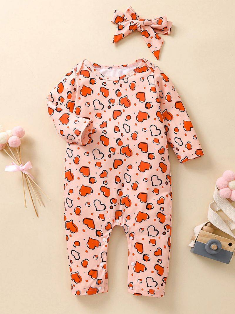 2db Lányok Heart Print Hosszú Ujjú Jumpsuit & Hajpánt Készlet