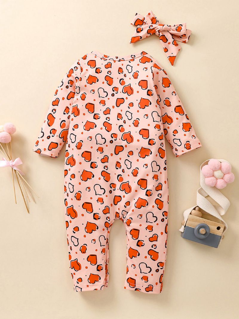 2db Lányok Heart Print Hosszú Ujjú Jumpsuit & Hajpánt Készlet