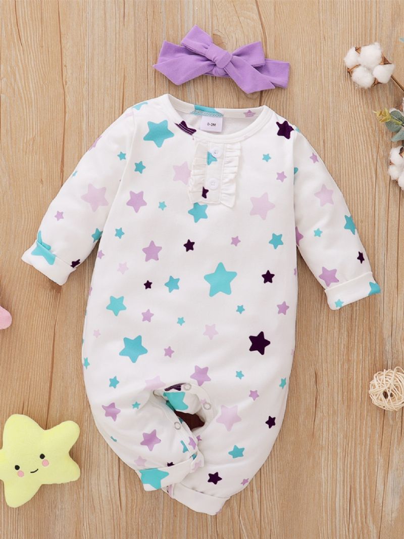 2db Lányok Little Star Print Hosszú Ujjú Jumpsuit & Headpiece