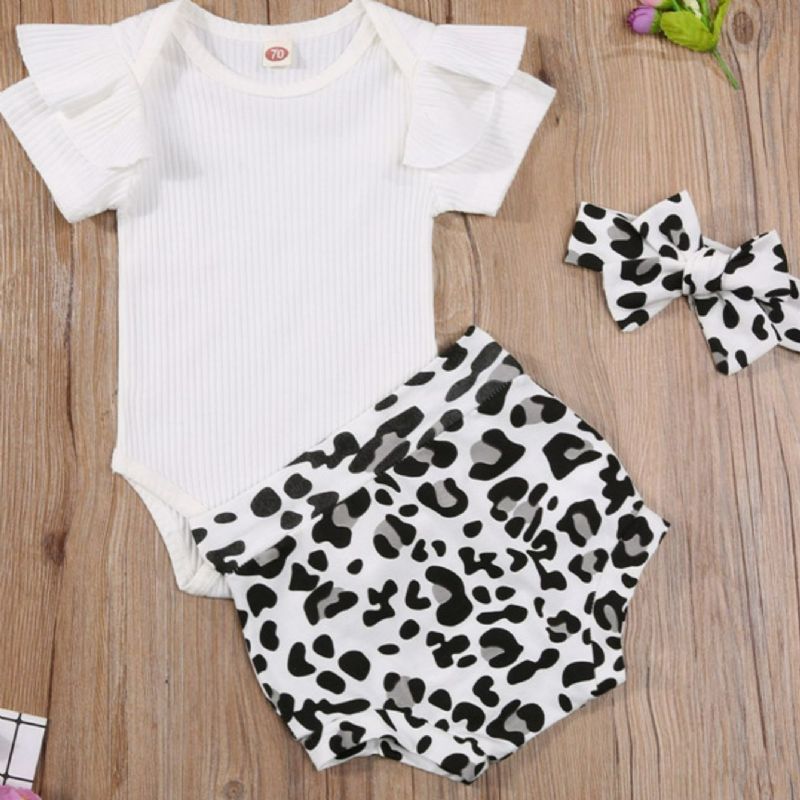 3db Bébi Lányok Fodros Ujjú Onesie Outfit Jumpsuit Fejpánttal