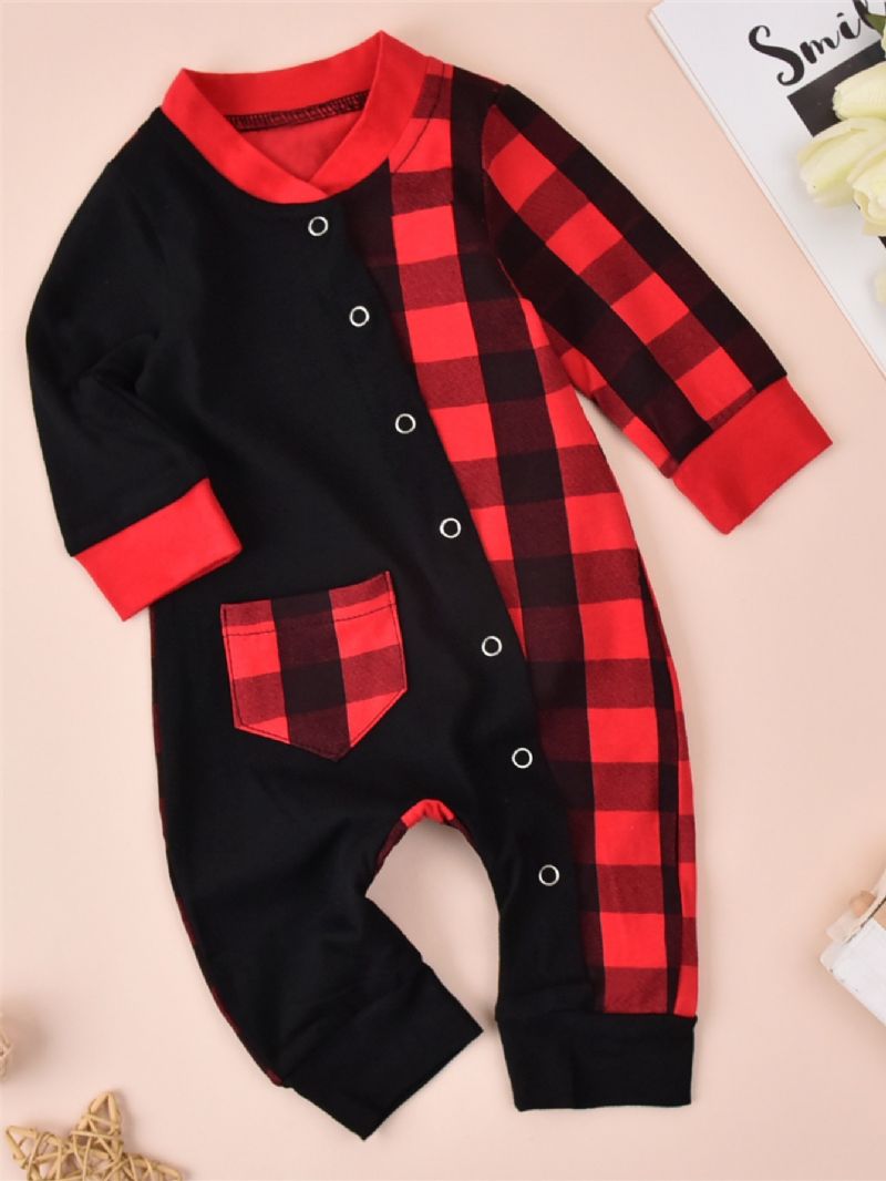 Baba Jumpsuit Karácsonyi Patchwork Plaid Pamut Hosszú Ujjú