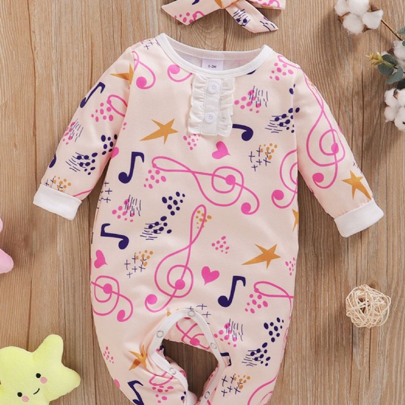 Bébi Lányok Note Full Print Hosszú Ujjú Jumpsuit + Fejkendő