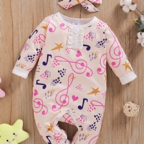 Bébi Lányok Note Full Print Hosszú Ujjú Jumpsuit + Fejkendő