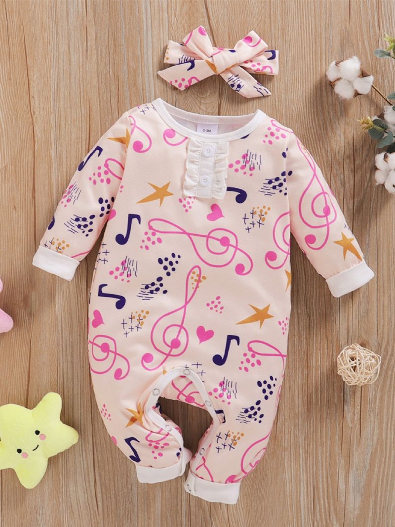 Bébi Lányok Note Full Print Hosszú Ujjú Jumpsuit + Fejkendő