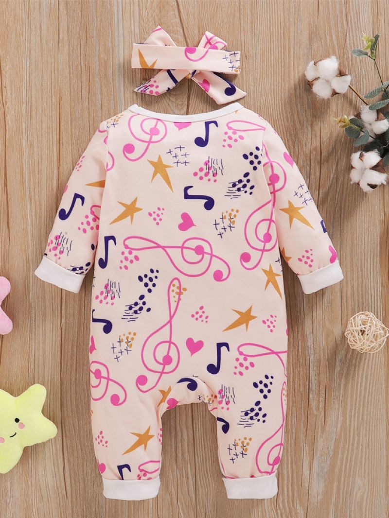 Bébi Lányok Note Full Print Hosszú Ujjú Jumpsuit + Fejkendő