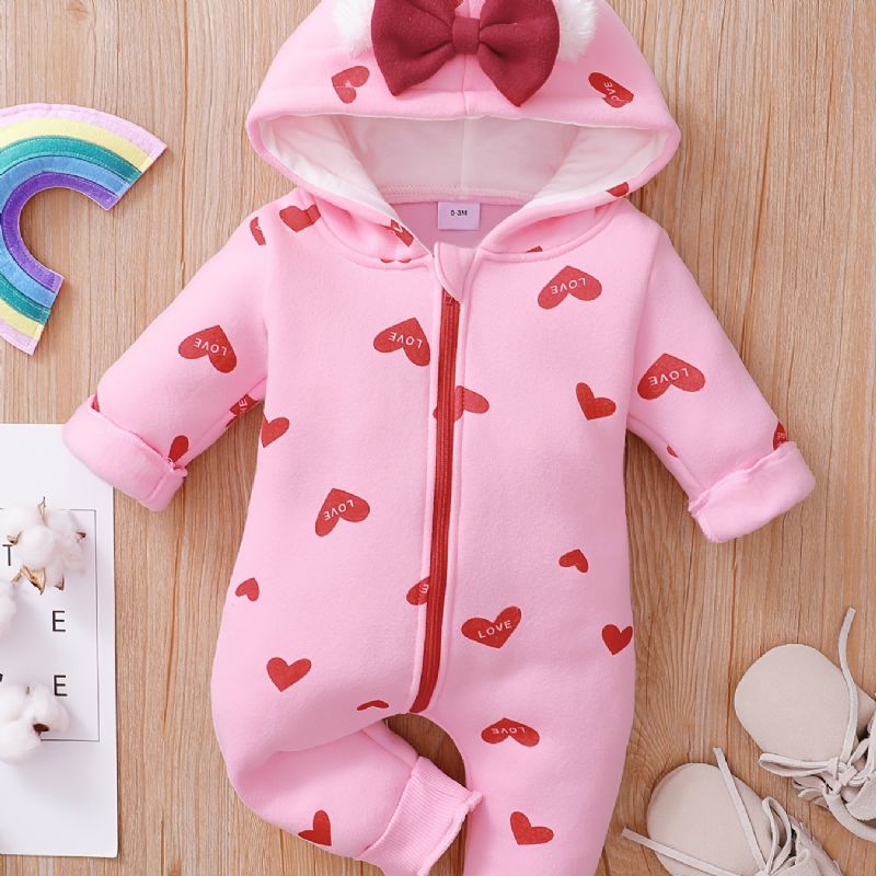 Bébi Lányok Sweet Heart Print Kapucnis Hosszú Ujjú Jumpsuit