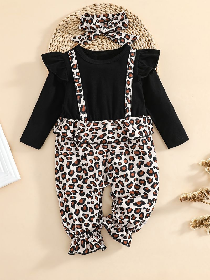 Kislány Fodros Hosszú Ujjú Patchwork Jumpsuit Leopárdmintás Babaruhákkal