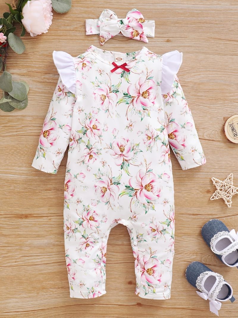 Toddler Baba Jumpsuit Virágok Nyomtatott Kerek Nyakú Hosszú Ujjú Fly Sleeve Romper & Masni Fejpánt Lányoknak