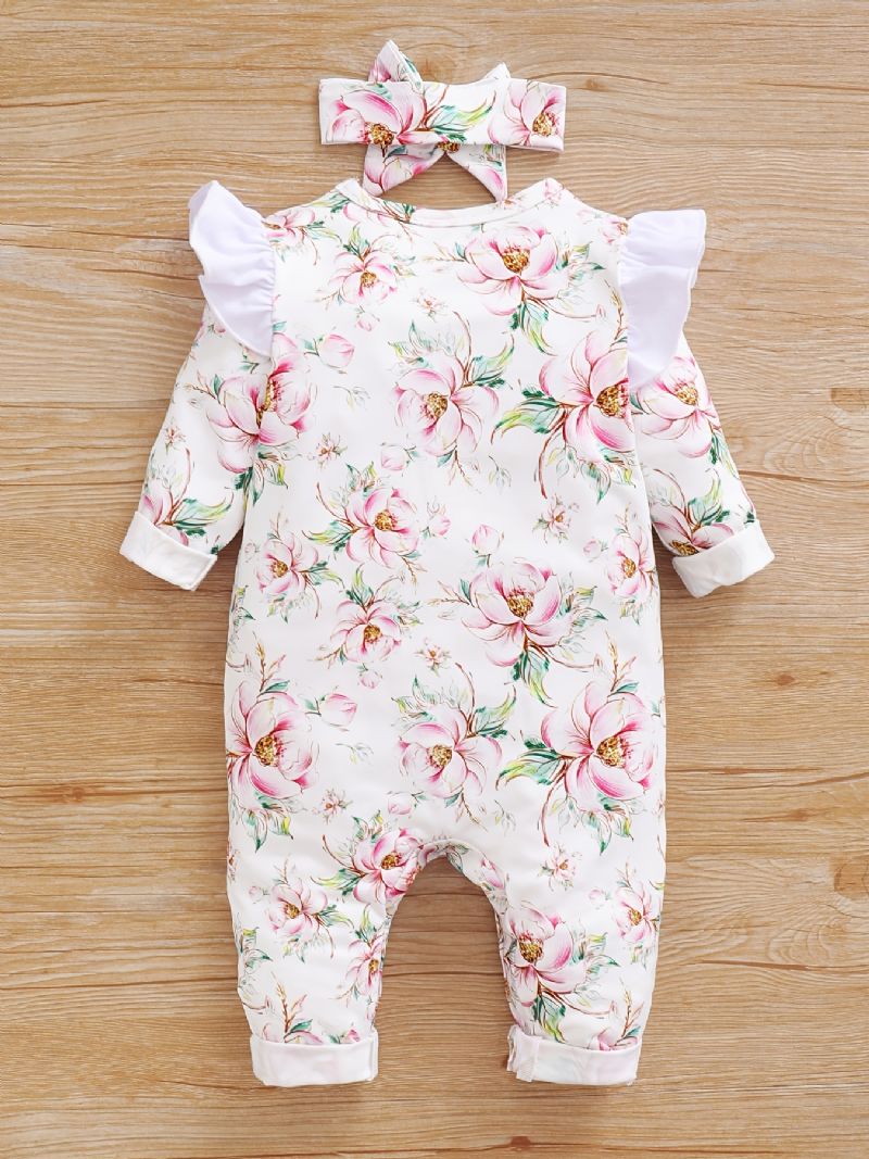 Toddler Baba Jumpsuit Virágok Nyomtatott Kerek Nyakú Hosszú Ujjú Fly Sleeve Romper & Masni Fejpánt Lányoknak