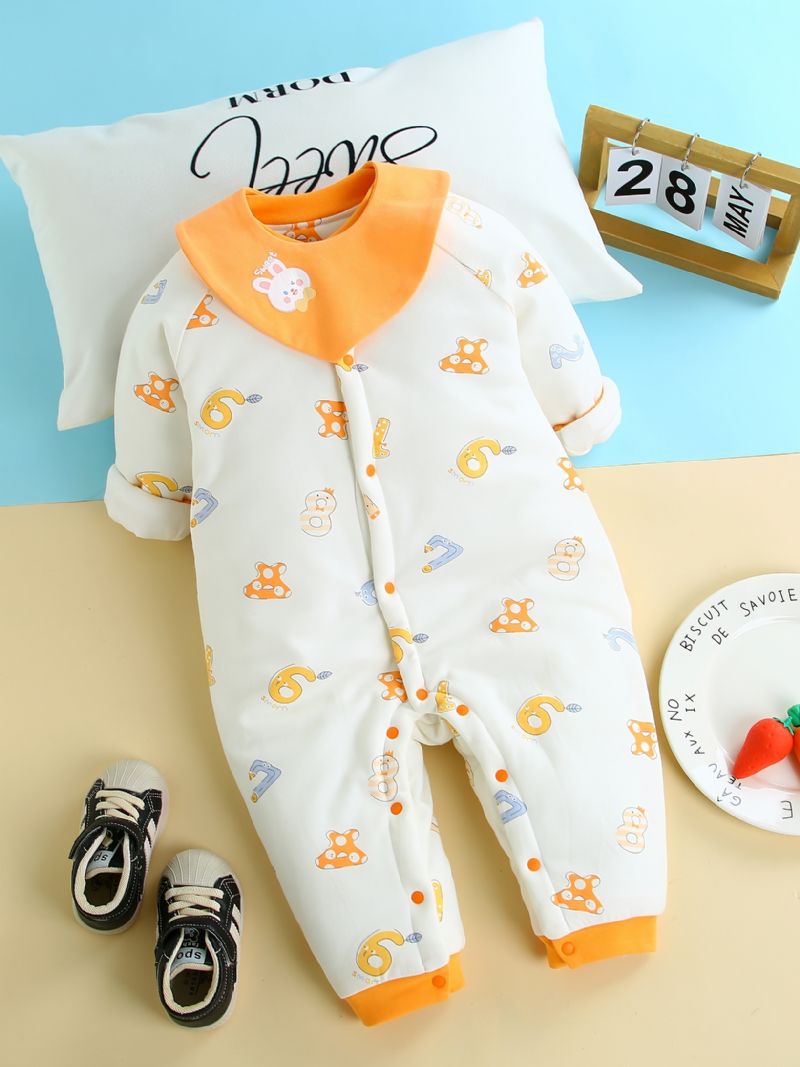 Toddler Baba Vastagított Meleg Jumpsuit Száma Nyomtatott Kerek Nyakú Hosszú Ujjú Nadrág Fiúknak Lányoknak