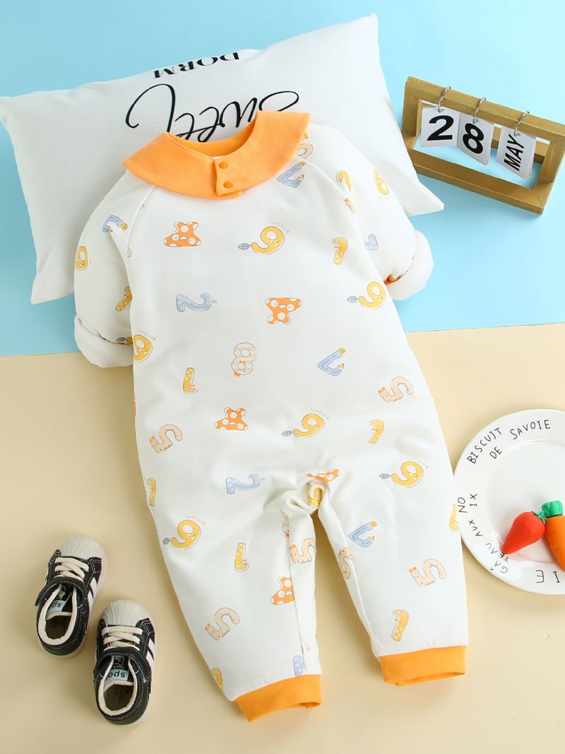 Toddler Baba Vastagított Meleg Jumpsuit Száma Nyomtatott Kerek Nyakú Hosszú Ujjú Nadrág Fiúknak Lányoknak