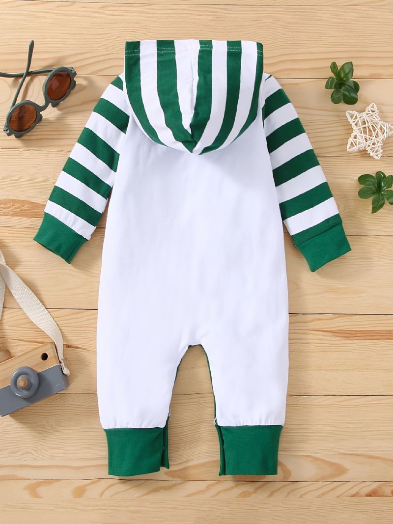 Toddler Bébi Zöld Csíkos Kapucnis Jumpsuit Letter Print Hosszú Ujjú Nadrág Fiúknak Lányoknak