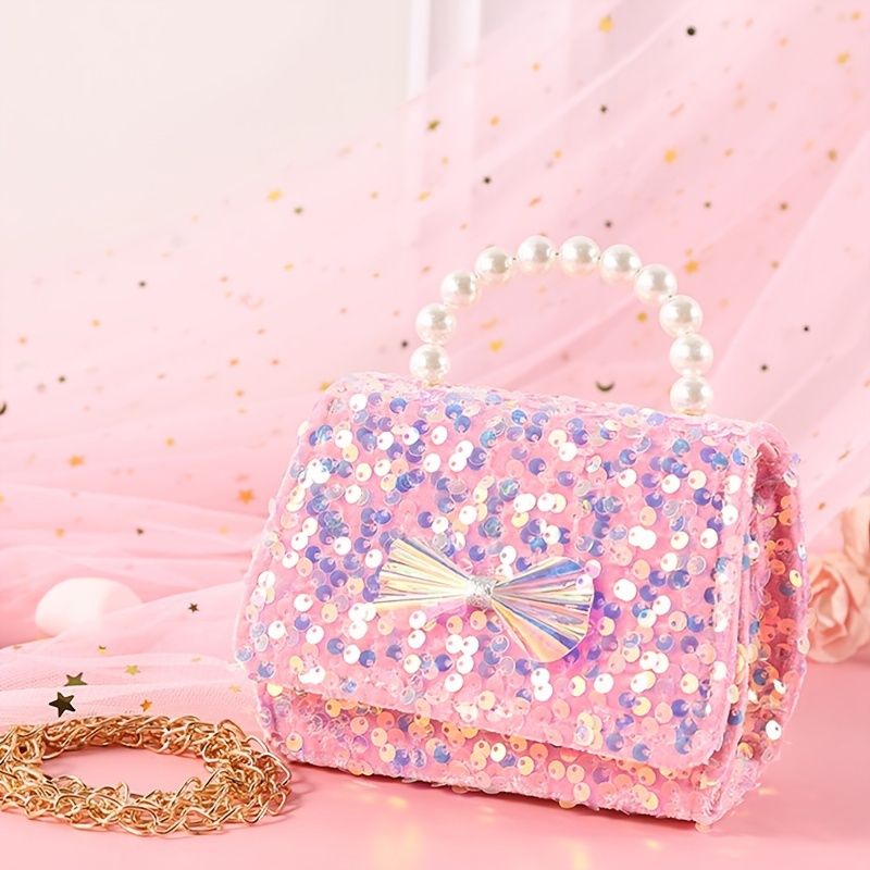 Bébi Lányok Aranyos Masni Dekoráció Pearl Glitter Kézitáska Crossbody Táska Princess Válltáska Lánctáska