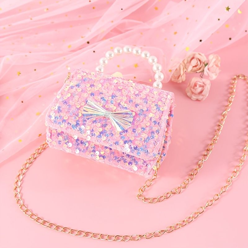 Bébi Lányok Aranyos Masni Dekoráció Pearl Glitter Kézitáska Crossbody Táska Princess Válltáska Lánctáska